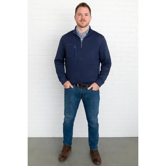 Robert Graham Navy Quarter-Zip Pullover Geometric Pattern Zipper Pocket Large - Picture 1 of 12